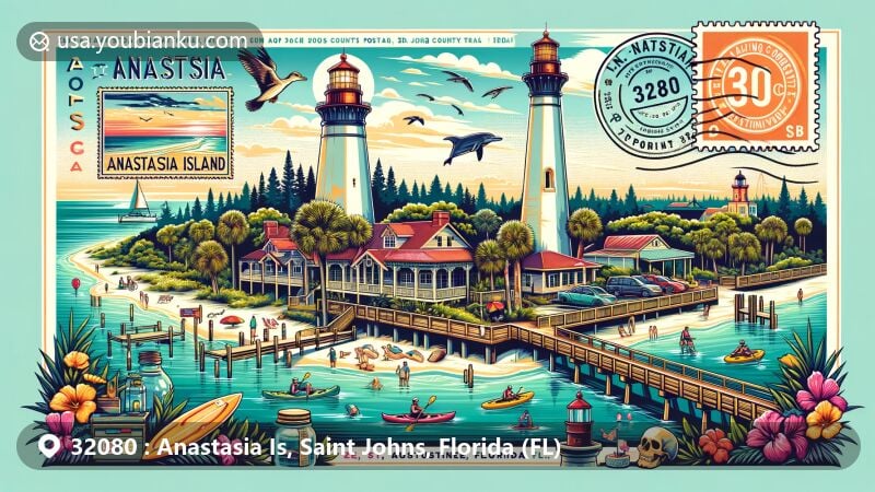 Modern illustration of Anastasia Island, Saint Johns, Florida, featuring Anastasia State Park, St. Augustine Lighthouse, St. Johns County Ocean Pier, wildlife, and outdoor activities like kayaking, paddleboarding, and biking.