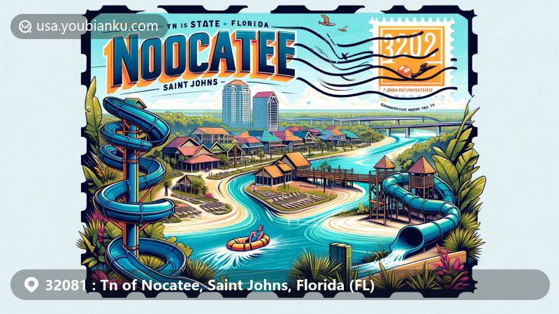 Modern illustration of Tn of Nocatee in Saint Johns, Florida, featuring Nocatee Splash Park, lazy river, zip line, Nocatee Preserve trails, and vibrant colors representing active outdoor lifestyle.