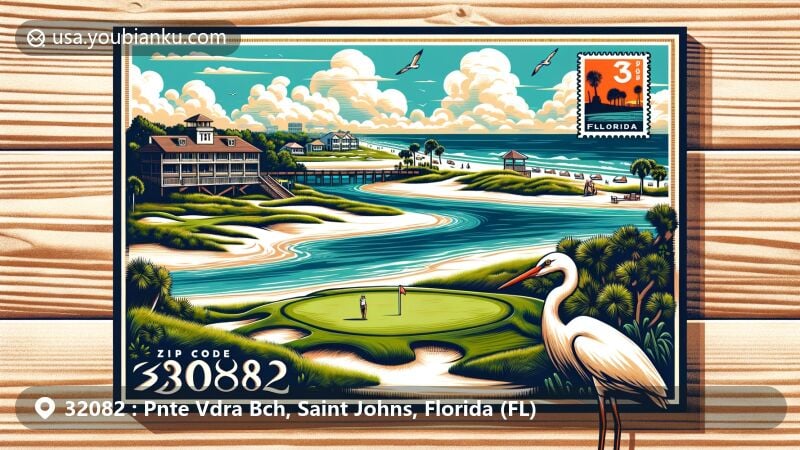 Modern illustration of Ponte Vedra Beach, Florida, focusing on ZIP code 32082, featuring the iconic 17th hole at TPC Sawgrass and elements of a seaside resort, encapsulating the luxurious beachside community. Postcard-shaped design with a stylized postage stamp showcasing Florida's natural beauty, including a Great White Egret from local estuaries.