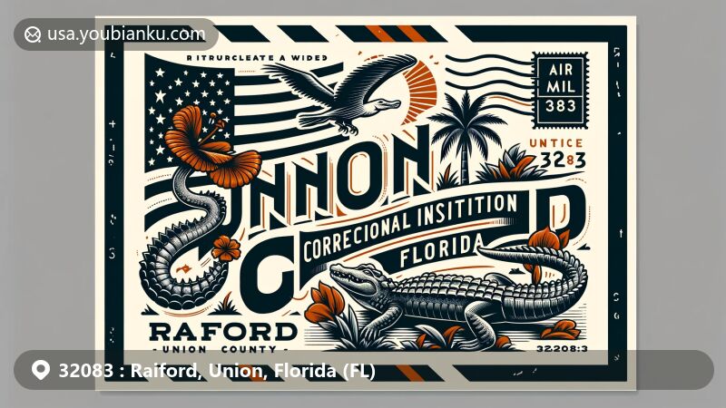 Vintage-style illustration of Union Correctional Institution in Raiford, Florida, with Florida state flag, alligator, palm trees, and Union County outline, showcasing ZIP code 32083.