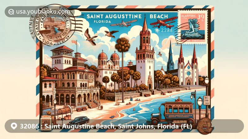 Modern illustration of Saint Augustine Beach, Florida, blending rich history and cultural heritage, featuring iconic landmarks like Castillo de San Marcos, Flagler College, and Cathedral Basilica.