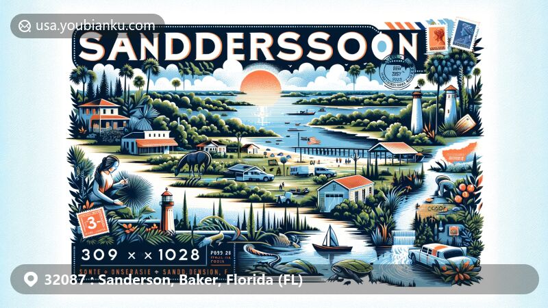 Modern illustration of Sanderson, Florida, blending natural landscapes and cultural icons with postal elements of ZIP code 32087, such as postcard, stamps, and postmark.