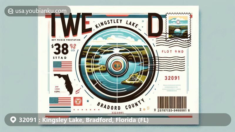 Modern illustration of Kingsley Lake, Bradford County, Florida, showcasing postal theme with ZIP code 32091, featuring unique circular shape of the lake, Florida state flag, and Bradford County geographical outline.