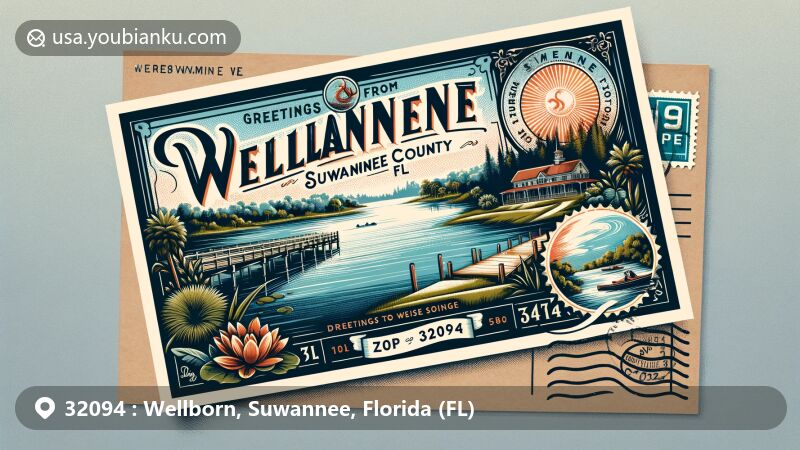 Modern illustration of Wellborn, Suwannee County, Florida, featuring Wellborn Lake and Suwannee River, designed as a postcard with vintage stamp and postal mark.