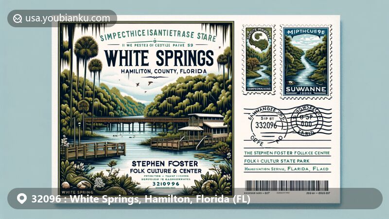 Modern illustration of White Springs, Hamilton County, Florida, featuring Stephen Foster Folk Culture Center State Park, Suwannee River, and postal theme with ZIP code 32096.