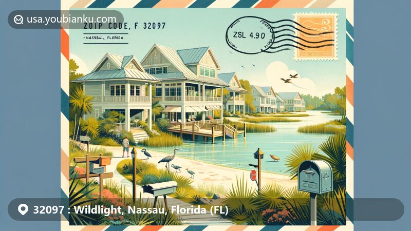 Modern illustration of Wildlight, Nassau County, Florida, showcasing unique Florida Lowcountry architectural style, recreational trails, and local wildlife, with postal elements including vintage airmail envelope, postmark, and mailbox, evoking community and outdoor living.
