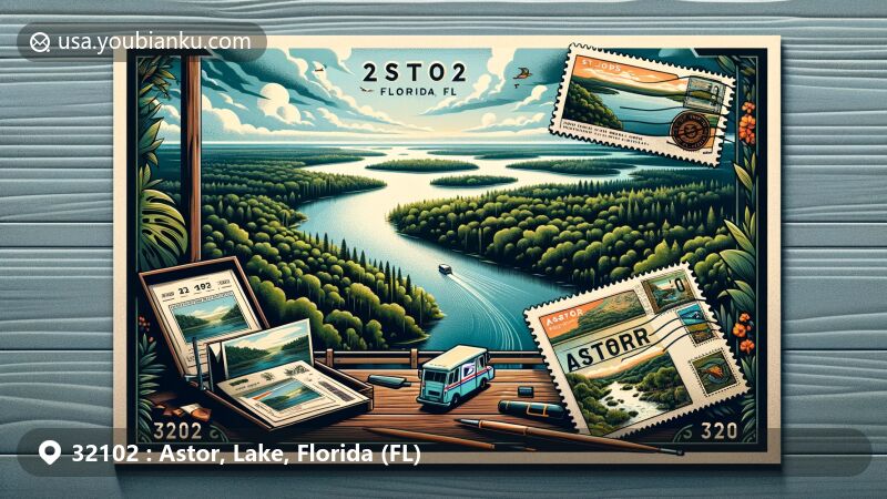 Illustration of Ocala National Forest in Astor, Florida, highlighting St. Johns River, Lake George, and lush greenery, with vintage postcard featuring postal mark 'Astor, FL 32102' and mail truck.