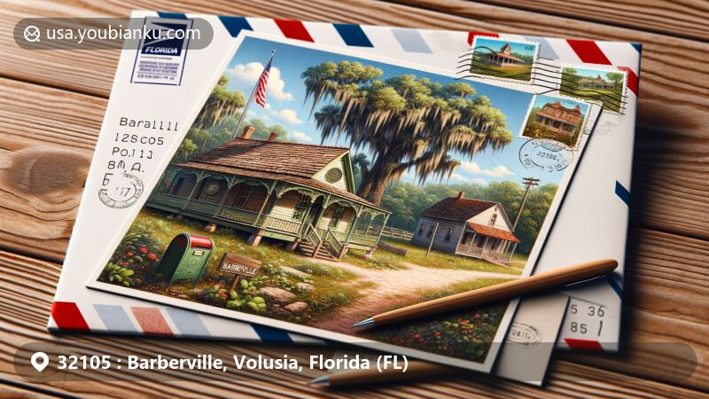 Modern illustration of Barberville Pioneer Settlement, Volusia County, Florida, amidst iconic moss-draped oaks and lush greenery, featuring a tilted postcard with Pioneer Settlement, Florida state flag, and airmail envelope with postal elements.
