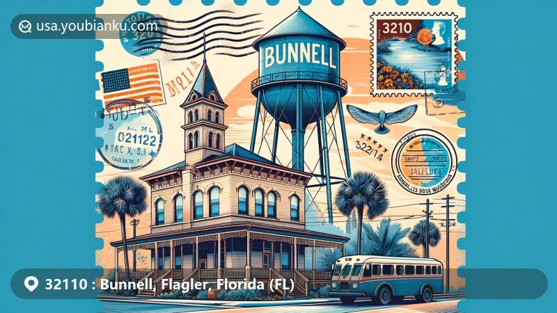 Creative illustration of Bunnell, Florida, featuring Bunnell Water Tower and Holden House Museum in a postcard theme with ZIP code 32110, blending historical landmarks with postal aesthetics.