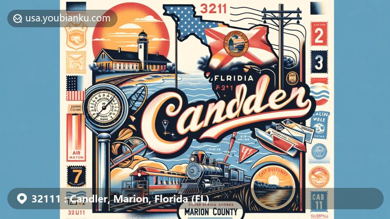 Modern illustration of Candler, Florida, showcasing postal theme with ZIP code 32111, featuring stamps, postmark, and air mail envelope, inspired by town's geography between Silver Springs Shores and Lake Weir, incorporating elements of railroads, Florida state flag, and Marion County outline.