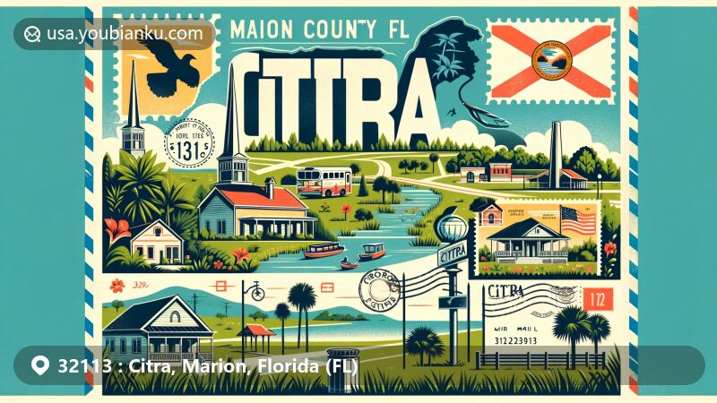Modern illustration of Citra, Marion County, Florida, featuring state flag, Marion County silhouette, and cultural symbols, highlighting close-knit community and natural beauty with outdoor activities.