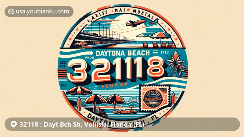 Modern illustration of Daytona Beach, Florida, featuring beachfront with surfboards and umbrellas, Daytona International Speedway, and air mail envelope with ZIP code 32118.