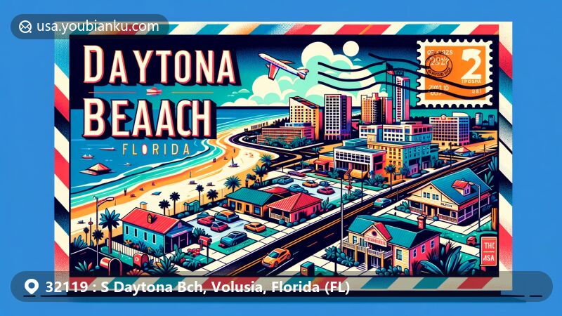 Modern illustration of Daytona Beach, Florida, with beach and residential areas, showcasing postal elements like stamps, postmark with ZIP code 32119, and a mailbox.