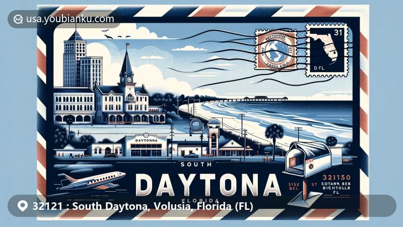 Modern illustration of South Daytona, Florida, featuring Bethune–Cookman College Historic District and Daytona Beach Bandshell, with airmail envelope incorporating Florida map stamp and '32121 South Daytona, FL' postmark.