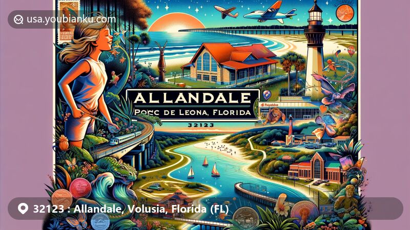 Modern illustration of Allandale, Volusia, Florida, featuring postal theme with landmarks like Smyrna Dunes Park, Horseshoe Park and Fairy Trail, Daytona International Speedway, and Ponce de Leon Inlet Lighthouse & Museum.