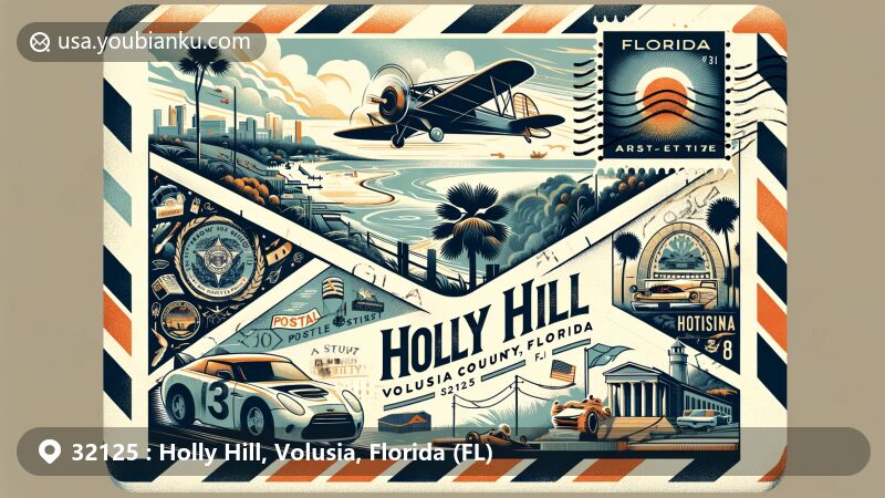 Modern illustration of Holly Hill, Volusia County, Florida, showcasing postal theme with ZIP code 32125, featuring vintage air mail envelope, Florida map, state flag, and local arts symbols.