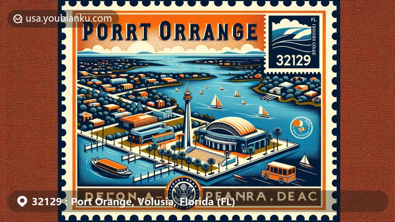 Modern illustration of Port Orange, Florida, ZIP code 32129, featuring the Kenneth W. Parker Amphitheater and postal motifs, showcasing the city's water connection and cultural events like the Lakeside Jazz Festival.