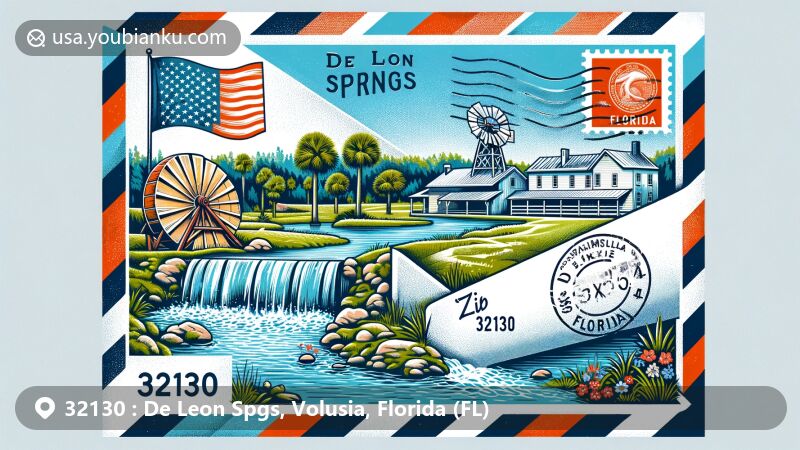 Modern illustration of De Leon Springs, Volusia, Florida, featuring natural spring, historic sugar mill ruins, Volusia County outline, and Florida flag on a creative airmail envelope design.