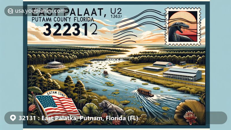 Serene illustration of East Palatka, Putnam County, Florida, depicting St. Johns River, lush forests, and Putnam County Fairgrounds hosting events like the Rodeo.