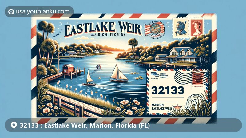 Modern illustration of Eastlake Weir, Marion County, Florida, capturing the beauty of Lake Weir and incorporating Florida state flag in the background. Features postcard design with postal elements like stamp, postmark '32133 Eastlake Weir, FL,' and iconic postal imagery, perfect for web page.