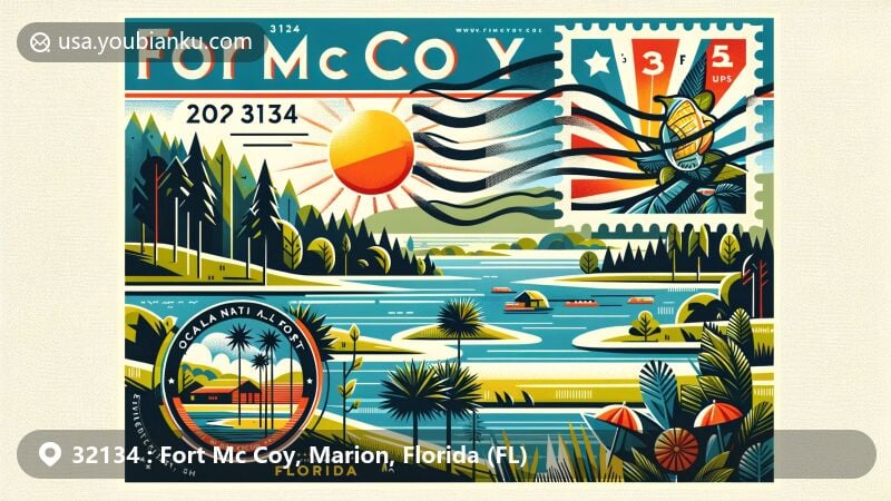 Modern illustration of Fort Mc Coy, Florida, ZIP code 32134, combining Ocala National Forest's natural beauty with Florida's tropical essence of sunshine and palm trees.