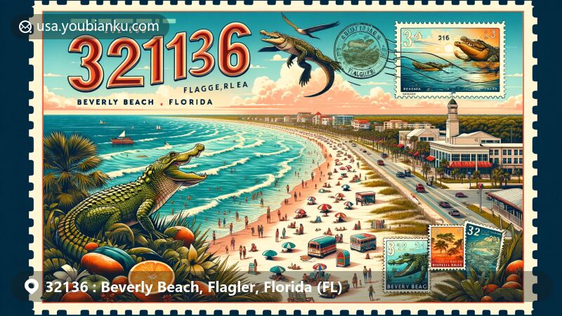 Modern illustration of Beverly Beach, Flagler, Florida, highlighting ZIP code 32136, featuring picturesque Atlantic Ocean beachfront and vibrant beach scene with iconic palm trees.