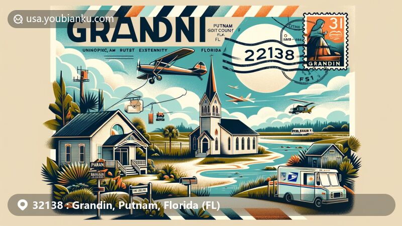 Modern illustration of ZIP Code 32138, Grandin, Putnam County, Florida, featuring Paran Baptist Church against a backdrop of natural, hilly terrain near Lake Wales Ridge. Scene in air mail envelope with '32138' stamp and 'Grandin, FL' postmark, including mail-related elements for postal service symbolism.
