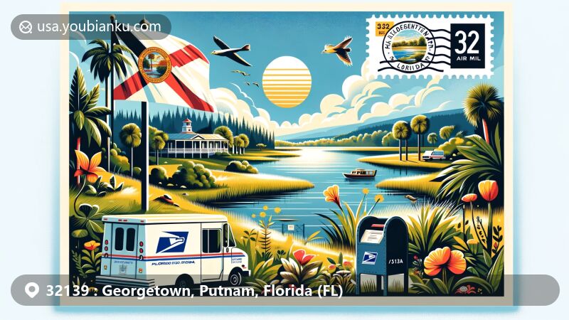 Artistic portrayal of Georgetown, Florida, with Lake George as backdrop, featuring Florida state flag and air mail envelope design, postal elements like postmark, ZIP code 32139, mailbox, and mail van.