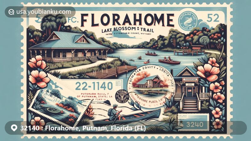 Modern illustration of Florahome, Putnam County, Florida, celebrating postal theme with ZIP code 32140, featuring Lake Blossom Trail and George's Lake, showcasing hiking trails, water activities, and local wildlife.