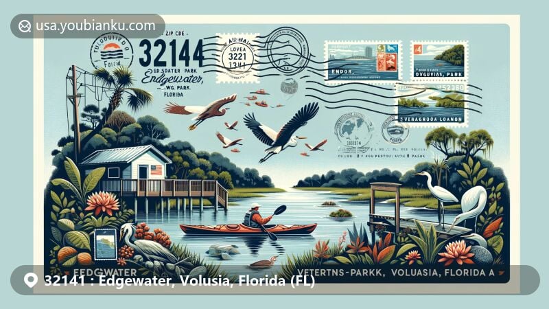 Modern illustration of Edgewater, Florida, blending vintage airmail envelope theme with iconic elements like Indian River, Mosquito Lagoon, Veterans Park, and Menard-May Park, featuring fishing dock, kayak in water, lush trail with local flora and fauna, including herons, egrets, ibises, and osprey. Celebrating the natural beauty and outdoor activities of Edgewater, showcasing stamps and postmarks praising local attractions, seamlessly integrating ZIP code '32141' and Florida state silhouette.