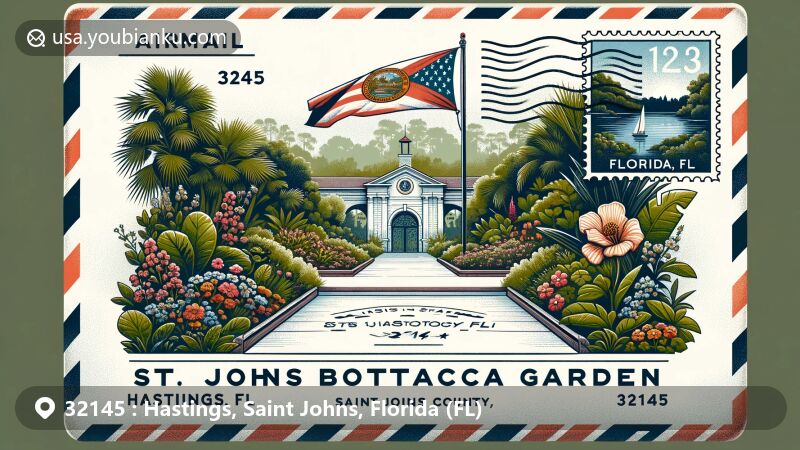Modern illustration of St. Johns Botanical Garden in Hastings, Saint Johns County, Florida, with airmail envelope featuring ZIP code 32145, stamp, and postmark, against the backdrop of Florida state flag.