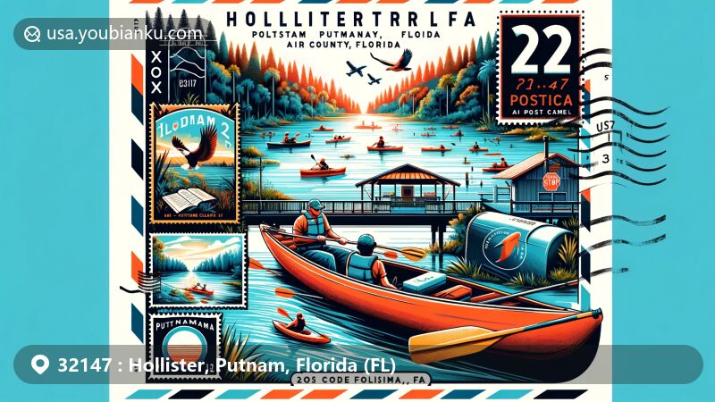 Modern illustration of Hollister, Putnam County, Florida, featuring postal theme with ZIP code 32147, showcasing natural beauty and outdoor activities like kayaking, fishing, camping, and hiking.