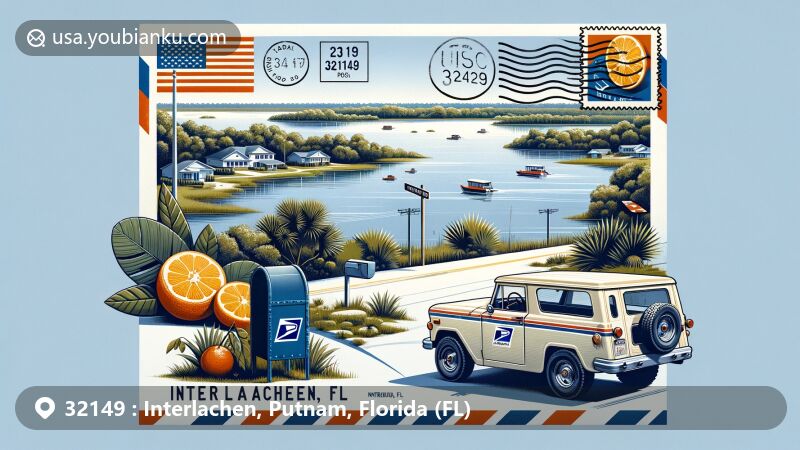 Modern illustration of Interlachen, Putnam, Florida, showcasing typical lake scenery with a postal theme, featuring classic American postal service vehicle, blue US mailbox, Florida state symbols, and ZIP code 32149.