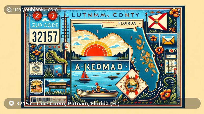 Modern illustration of Lake Como, Putnam County, Florida, featuring stylized map outline, serene lake setting, state flag of Florida, vintage postcard format, postage stamp with ZIP code 32157, and bright color scheme.