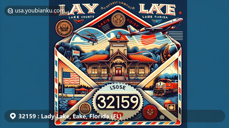 Modern illustration of Lady Lake, Lake County, Florida, featuring stylized airmail envelope with ZIP code 32159, showcasing the historic train depot at the museum.