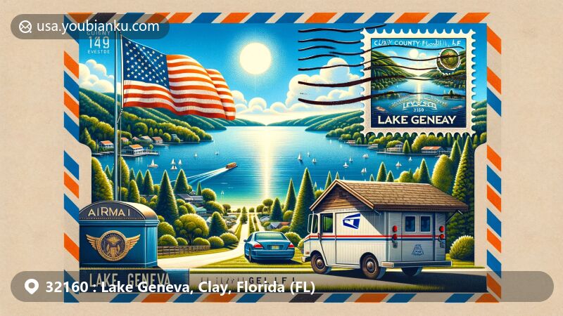 Vibrant illustration of Lake Geneva in Clay County, Florida, featuring airmail envelope design with Florida state flag stamp, shimmering waters, lush trees, and postal theme elements.
