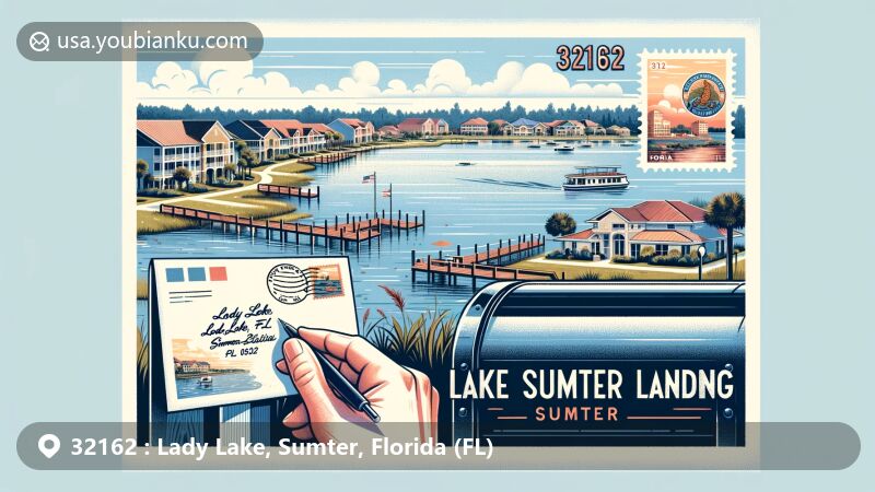 Modern illustration of Lady Lake, Sumter County, Florida, showcasing postal theme with ZIP code 32162, featuring Lake Sumter Landing and Florida-inspired stamp design.