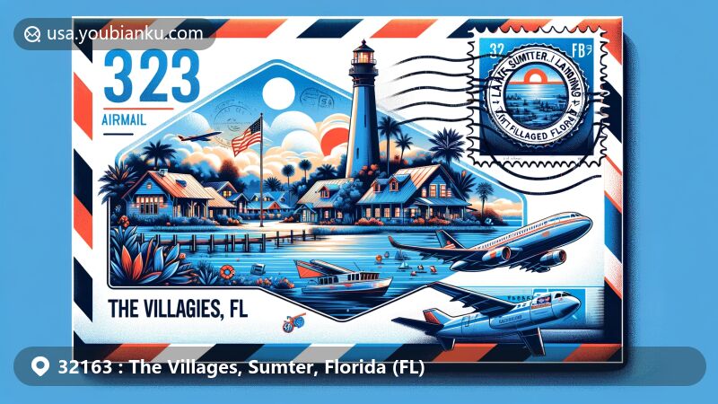 Modern illustration of The Villages, FL, showcasing airmail envelope with ZIP code 32163, featuring Lake Sumter Landing's lighthouse and Florida state flag stamp.