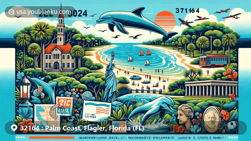 Modern illustration of Palm Coast, Flagler, Florida, depicting ZIP code 32164 with elements from Marineland Dolphin Adventure, Washington Oaks Gardens State Park, and Bulow Plantation Ruins State Park, showcasing beaches, oak trees, and historical ruins.
