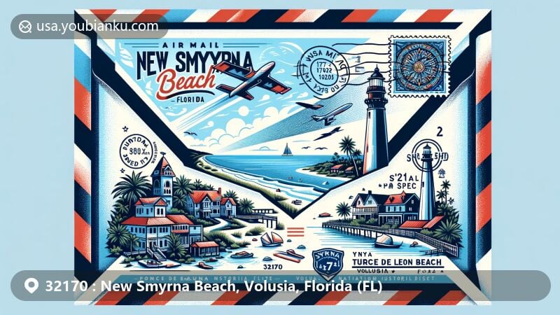 Modern illustration of New Smyrna Beach, Volusia, Florida, featuring a creatively designed air mail envelope highlighting key landmarks such as Ponce De Leon Inlet Lighthouse, Sugar Mill Ruins, Turtle Mound National Historic Site, and Canal Street Historic District.
