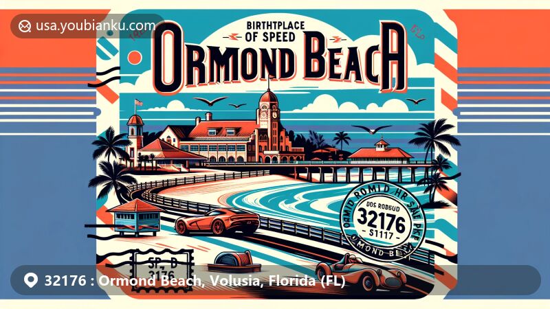 Modern illustration of Ormond Beach, Florida, 'Birthplace of Speed,' showcasing iconic beaches, historic Ormond Garage site, Tomoka State Park, and symbols of automotive racing history.
