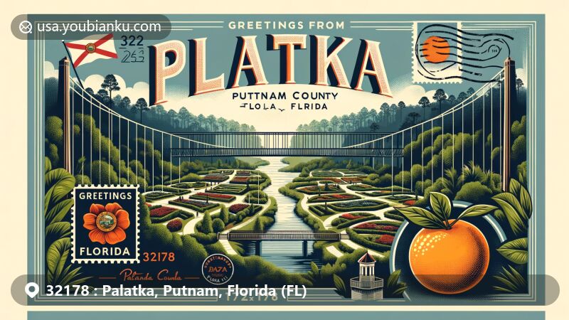 Modern illustration of Palatka, Putnam County, Florida, with ZIP code 32178, featuring Ravine Gardens State Park and Florida state symbols.
