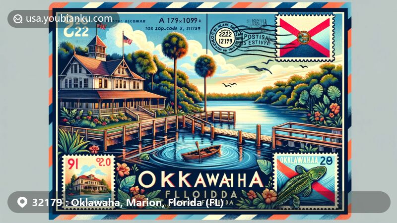 Modern illustration of Oklawaha area in Marion County, Florida, showcasing Lake Weir, Ma Barker House, and Ocklawaha River ecosystem, with postal theme incorporating vintage airmail elements and Florida state flag.