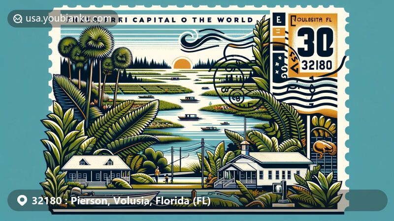 Modern illustration of Pierson, Volusia County, Florida, representing ZIP code 32180, highlighting its title as the 'Fern Capital of the World' due to its fern farming significance. Includes scenic Lake George, fishing, and wildlife viewing opportunities.