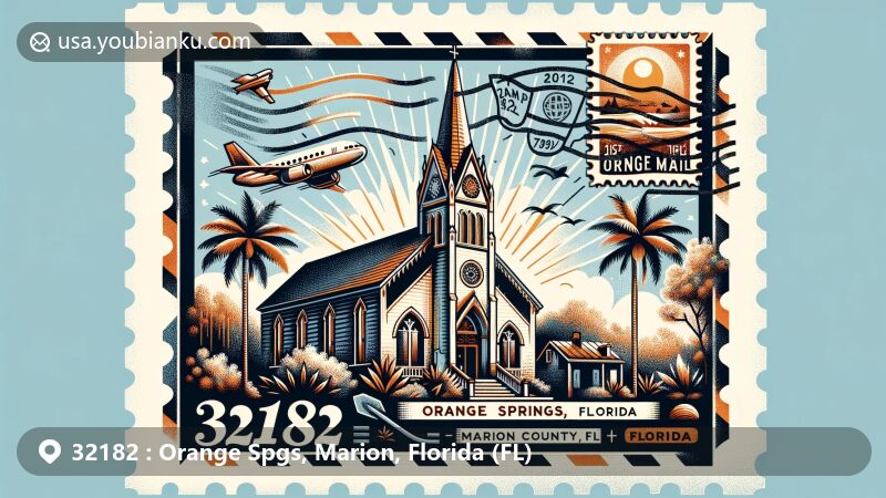 Modern illustration of Orange Springs, Marion County, Florida, capturing ZIP code 32182 and its historical connection to mineral spas, featuring Methodist Episcopal Church, air mail envelope, stamps, and postmark design. Includes Florida's palm trees, sunshine, and natural beauty.