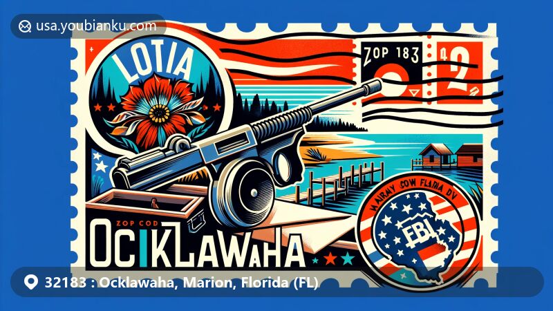 Modern illustration of Ocklawaha, Marion County, Florida, featuring postal theme with Lake Weir, Ma Barker shootout elements, vintage FBI badge, Tommy gun silhouette, Florida outline stamp, and postmark '1935',