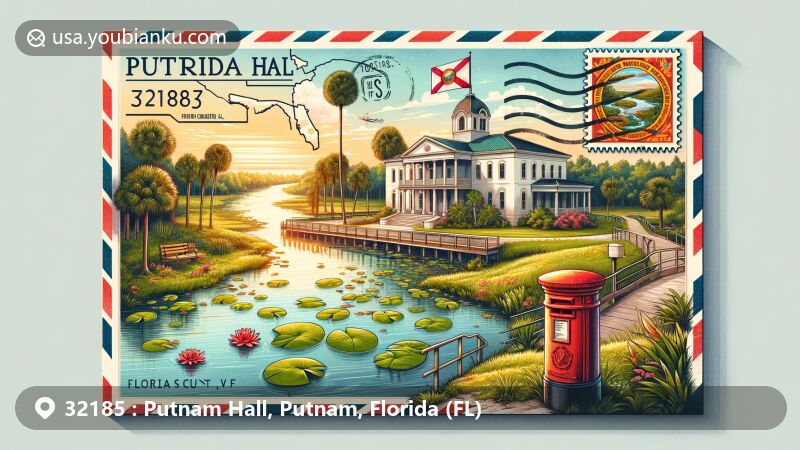 Modern illustration of Putnam Hall, Putnam County, Florida, featuring air mail envelope with Florida state flag, ZIP code 32185, and local landmarks against backdrop of lush greenery and waterways.