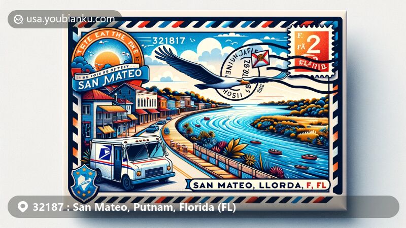 Stylized illustration of the east shore of St. Johns River in San Mateo, Florida, with airmail envelope foreground, stamp with river scenery, and '32187 San Mateo, FL' postmark. Includes Florida state flag and mail truck in modern style.