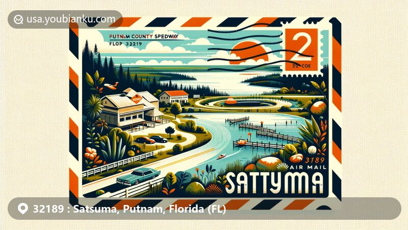 Modern illustration of Satsuma, Putnam County, Florida, highlighting rural charm and natural beauty, featuring local lakes, rivers, and beaches that define the region. Includes a contemporary postcard design with prominent ZIP code 32189, showcasing Putnam County Speedway and community spirit.