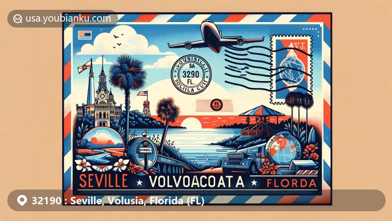 Creative illustration of Seville, Volusia County, Florida, featuring airmail envelope background with Florida state flag, Volusia County outline, and symbolic landmark.